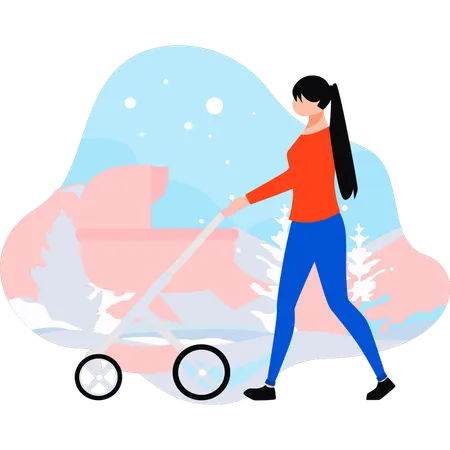 Girl carries a baby in a stroller  Illustration