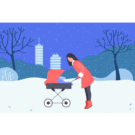 Girl carrying baby in stroller  Illustration
