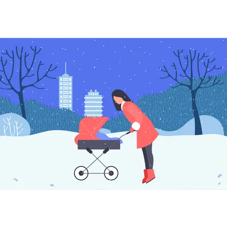 A Girl Is Carrying A Baby In A Stroller Illustration