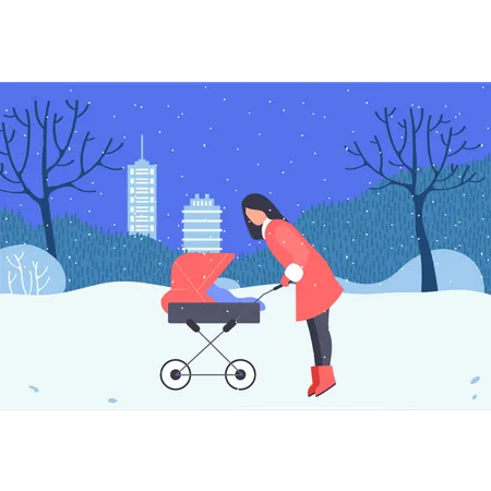 Girl carrying baby in stroller  Illustration