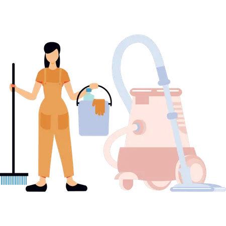 The Girl Is Carrying A Bucket And A Brush Illustration