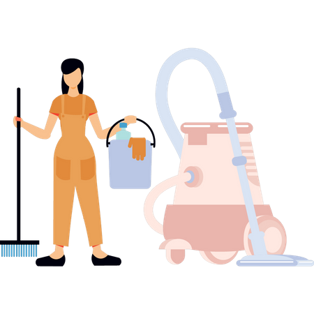 Girl carrying  bucket and brush  Illustration