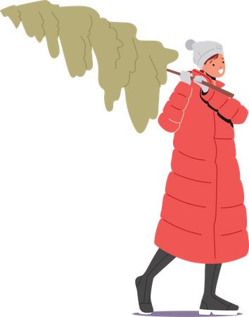 Girl carrying christmas tree  Illustration