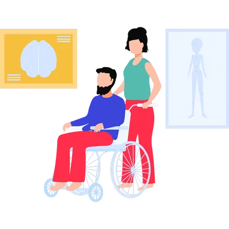 Girl carrying man in wheelchair  Illustration