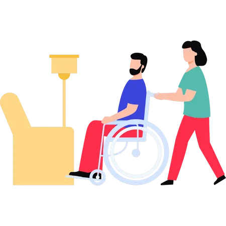 Girl carrying old man in wheelchair  Illustration