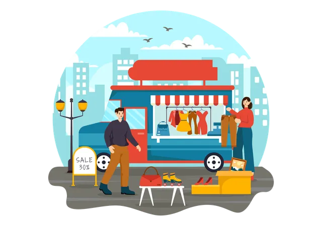 Flea Market Vector Illustration With Second Hand Shop With Shoppers Swap Meet Sellers And Customers At Weekend In Business Flat Background Illustration