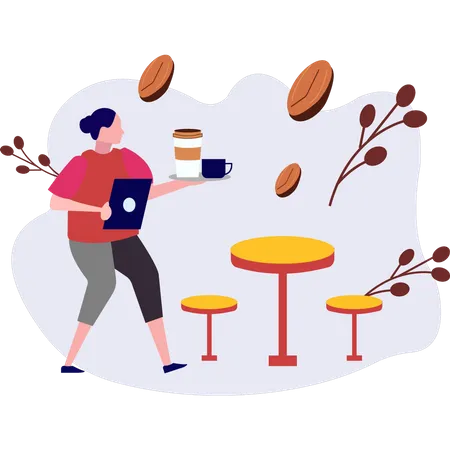 The Girl Is Carrying A Tray Of Coffee Illustration