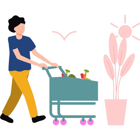 Girl carrying trolley in vegetables  일러스트레이션