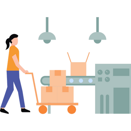 Girl carrying trolley of packages  Illustration