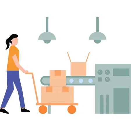 Girl carrying trolley of packages  Illustration