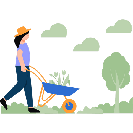 Girl carrying trolley of plants  Illustration