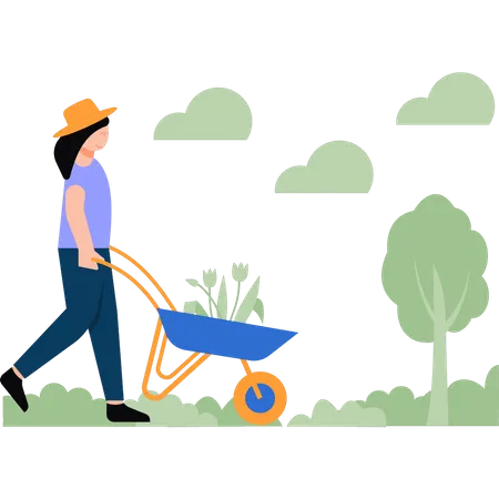 The Girl Is Carrying A Trolley Of Plants Illustration
