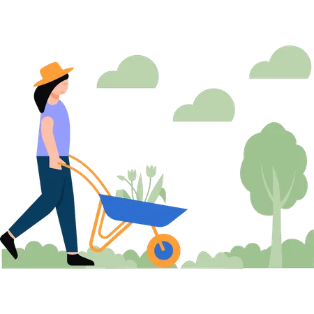 Girl carrying trolley of plants  Illustration