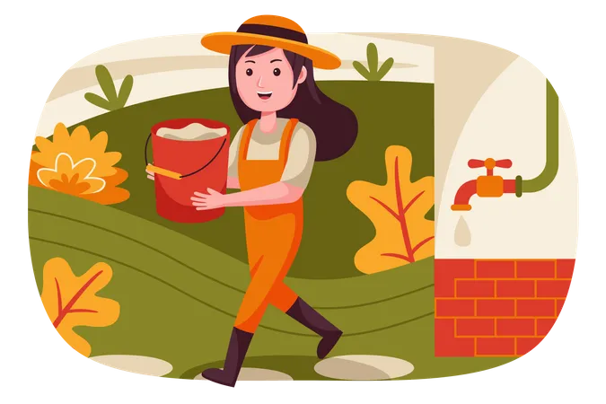 Girl carrying water bucket in hand Illustration