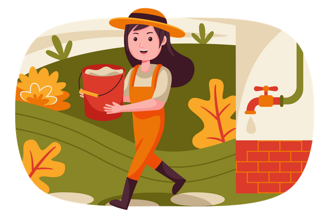 Girl carrying water bucket in hand  Illustration