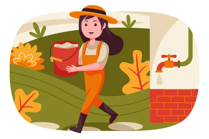 Girl carrying water bucket in hand  Illustration