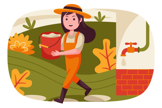 Girl carrying water bucket in hand  Illustration