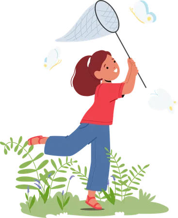 Girl catching butterfly in park  Illustration