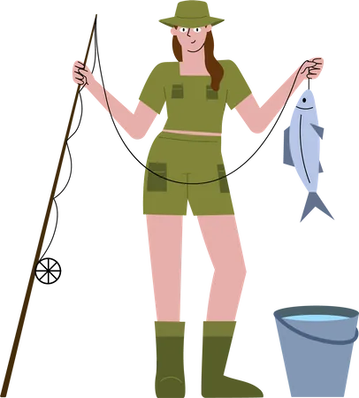 Flat Hand Drawn Woman Is Enjoying Vacation Holding Fishing Rod And Catch In Hand Happy Resting On Nature Cheerful Female In Good Mood Illustration