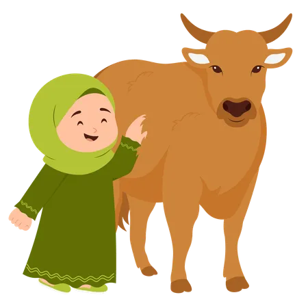 Girl Celebrate Eid Al Adha With Cow  Illustration