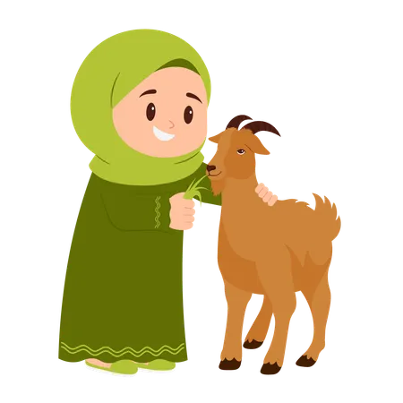 Girl Celebrate Eid Al Adha With Goat  Illustration