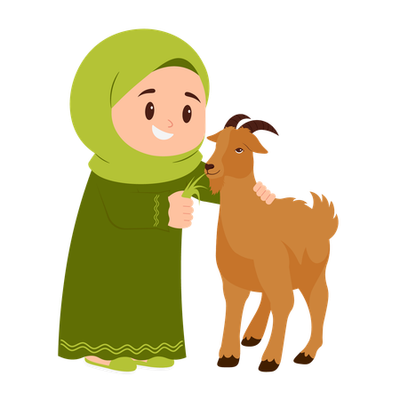 Girl Celebrate Eid Al Adha With Goat  Illustration