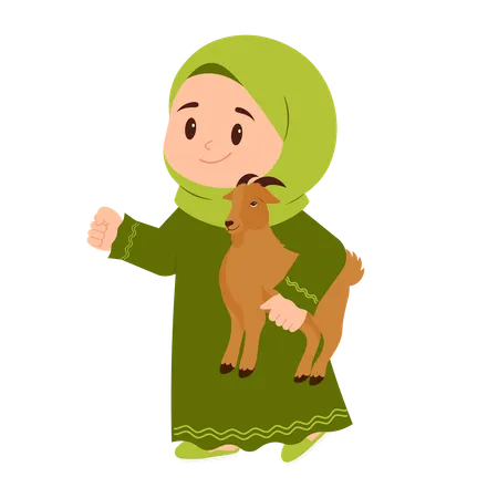 Girl Celebrate Eid Al Adha With Goat  Illustration