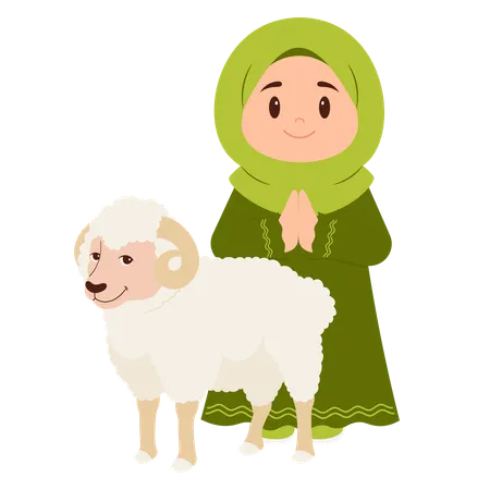 Girl Celebrate Eid Al Adha With Sheep  Illustration