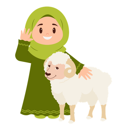 Girl Celebrate Eid Al Adha With Sheep  Illustration