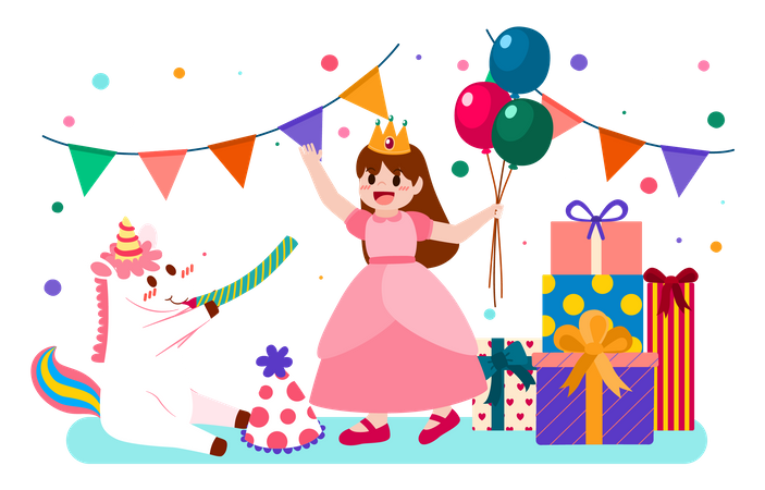 Girl celebrating birthday with cake and gifts Illustration