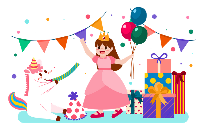 Girl celebrating birthday with cake and gifts  Illustration