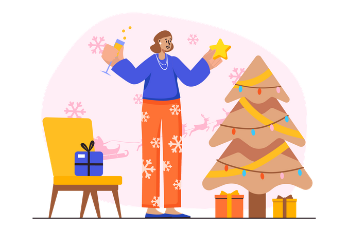 Girl celebrating Christmas at home  Illustration