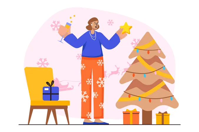 Girl celebrating Christmas at home  Illustration