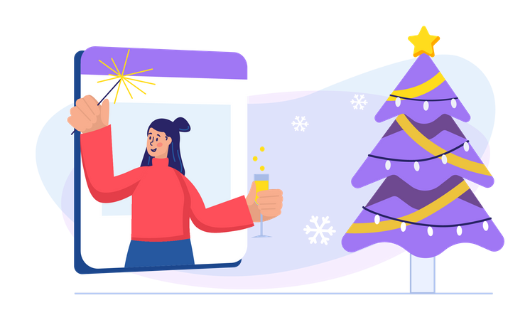 Girl celebrating christmas online  Illustration