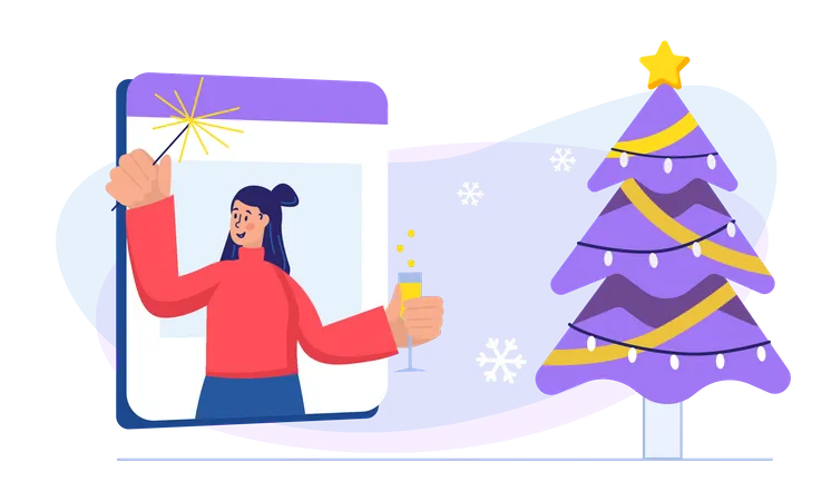 Girl celebrating christmas online  Illustration