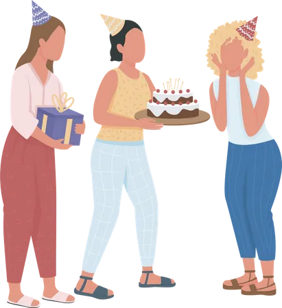 Girls Presenting Birthday Surprise For Friend Semi Flat Color Vector Characters Celebrating With Gifts And Cake Isolated Modern Cartoon Style Illustration For Graphic Design And Animation Illustration