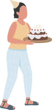 Girl With Birthday Cake Semi Flat Color Vector Character Full Body Person On White Arranging Birthday Party Isolated Modern Cartoon Style Illustration For Graphic Design And Animation Illustration