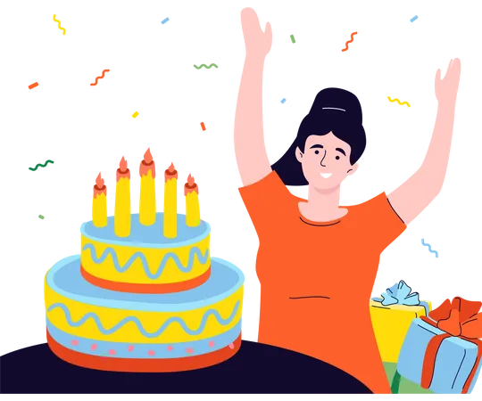 Happy Birthday Modern Colorful Flat Design Style Illustration On White Background A Composition With A Female Character A Cheerful Smiling Girl Sitting Before A Cake With Candles Getting Presents Illustration
