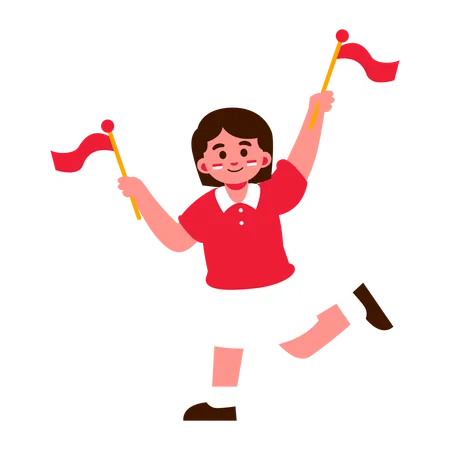 Illustration Of A Cheerful Girl In A Red Shirt And White Skirt Holding Two Red And White Indonesia Flags While Smiling Illustration