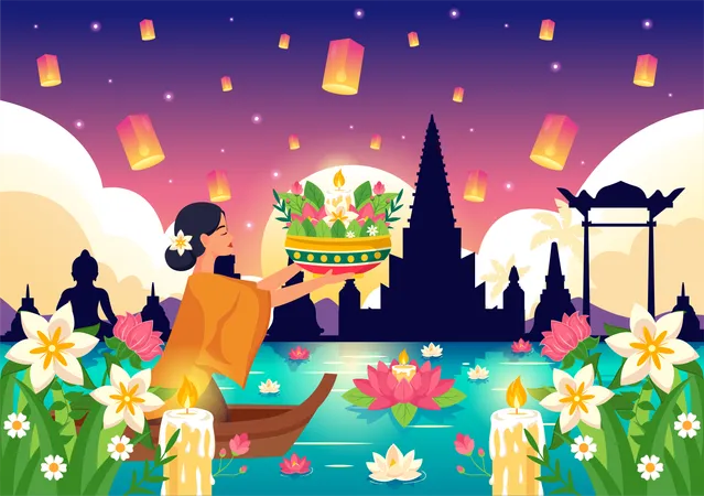 Loy Krathong Vector Illustration Of Festival Celebration In Thailand With Lanterns And Krathongs Floating On Water Design In Flat Cartoon Background Illustration