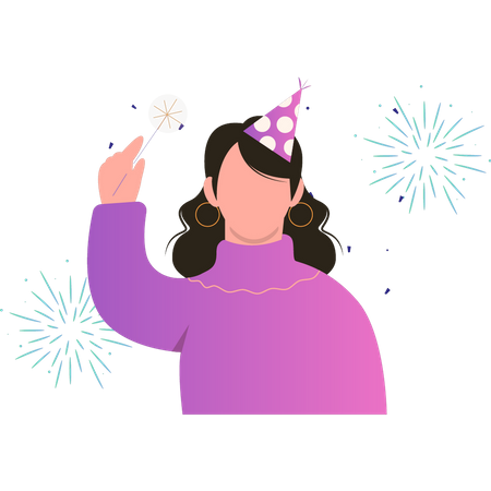 Girl celebrating new year with fireworks Illustration