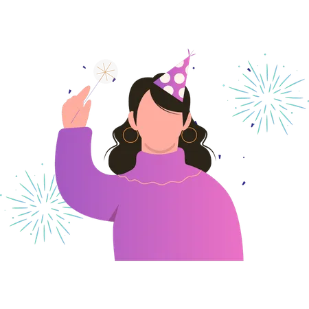 Girl celebrating new year with fireworks  Illustration