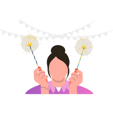 Girl celebrating new year with fireworks  Illustration