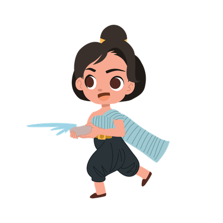 Girl celebrating songkran with water bowl  Illustration