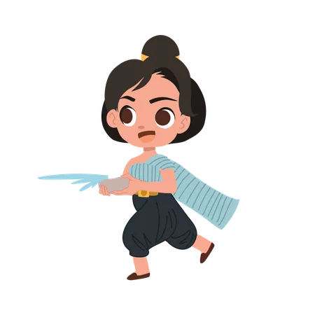 Girl celebrating songkran with water bowl  Illustration