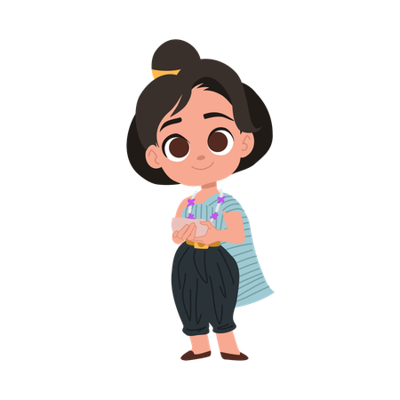 Girl celebrating songkran with water bowl  Illustration