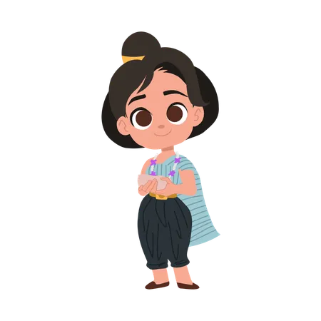 Girl celebrating songkran with water bowl  Illustration