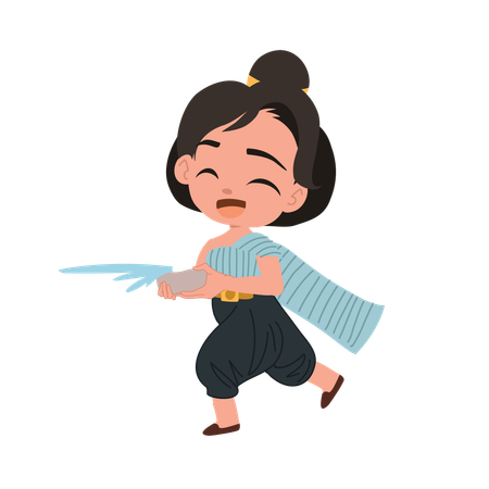 Girl celebrating songkran with water bowl  Illustration