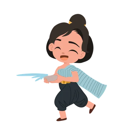 Girl celebrating songkran with water bowl  Illustration