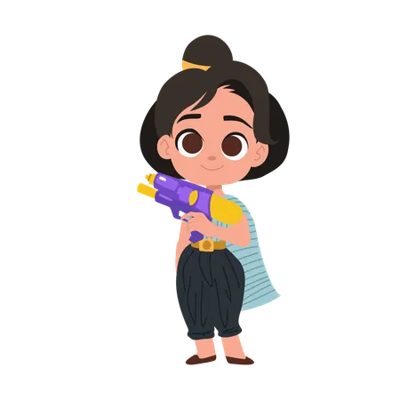 Girl celebrating songkran with water gun  Illustration